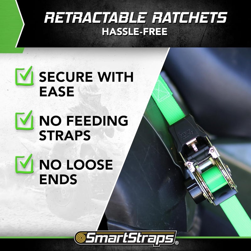 SmartStraps 6-Foot Retractable Ratchet Straps - 4 Pack with 1,500 lbs Break Strength for Secure Hauling of ATVs and Lawn Equipment - Image 4